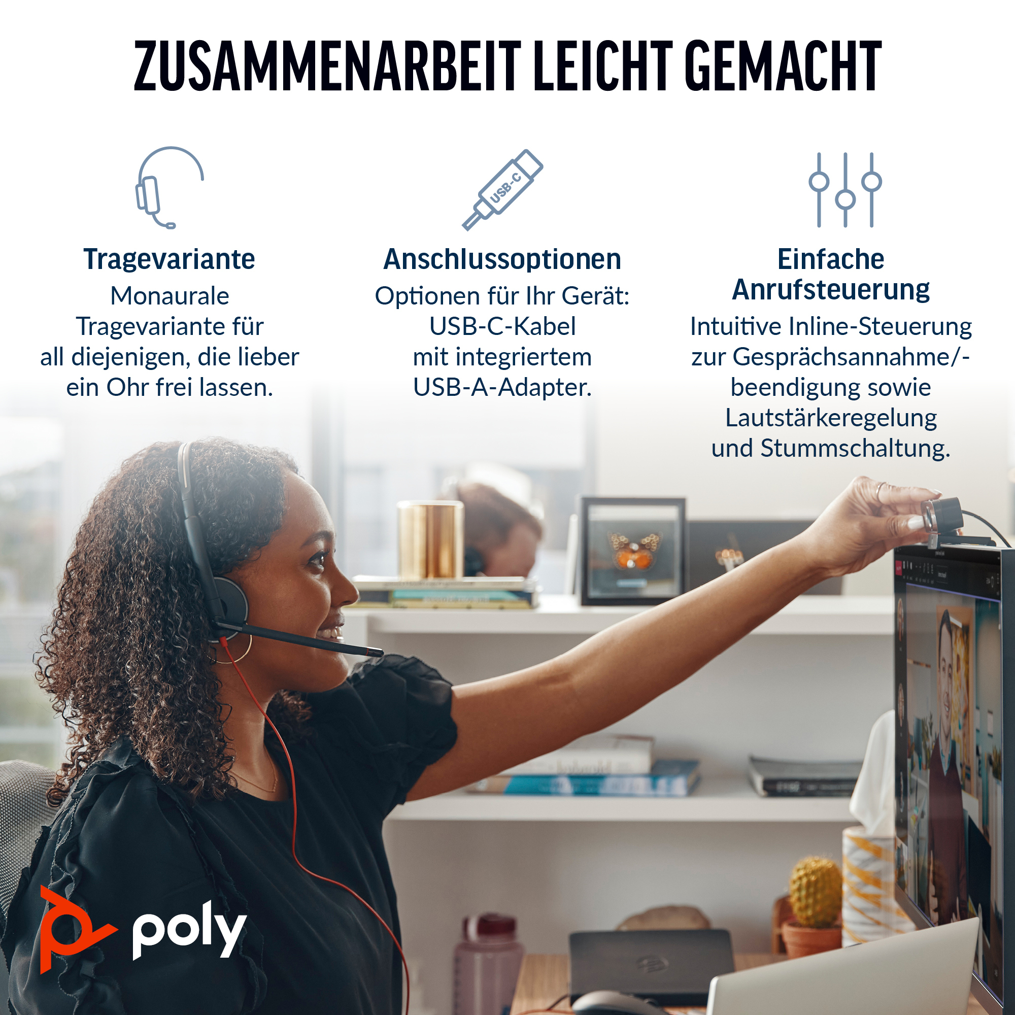 HP Poly Blackwire 3210 Monaurales USB-C-Headset + USB-C/A-Adapter