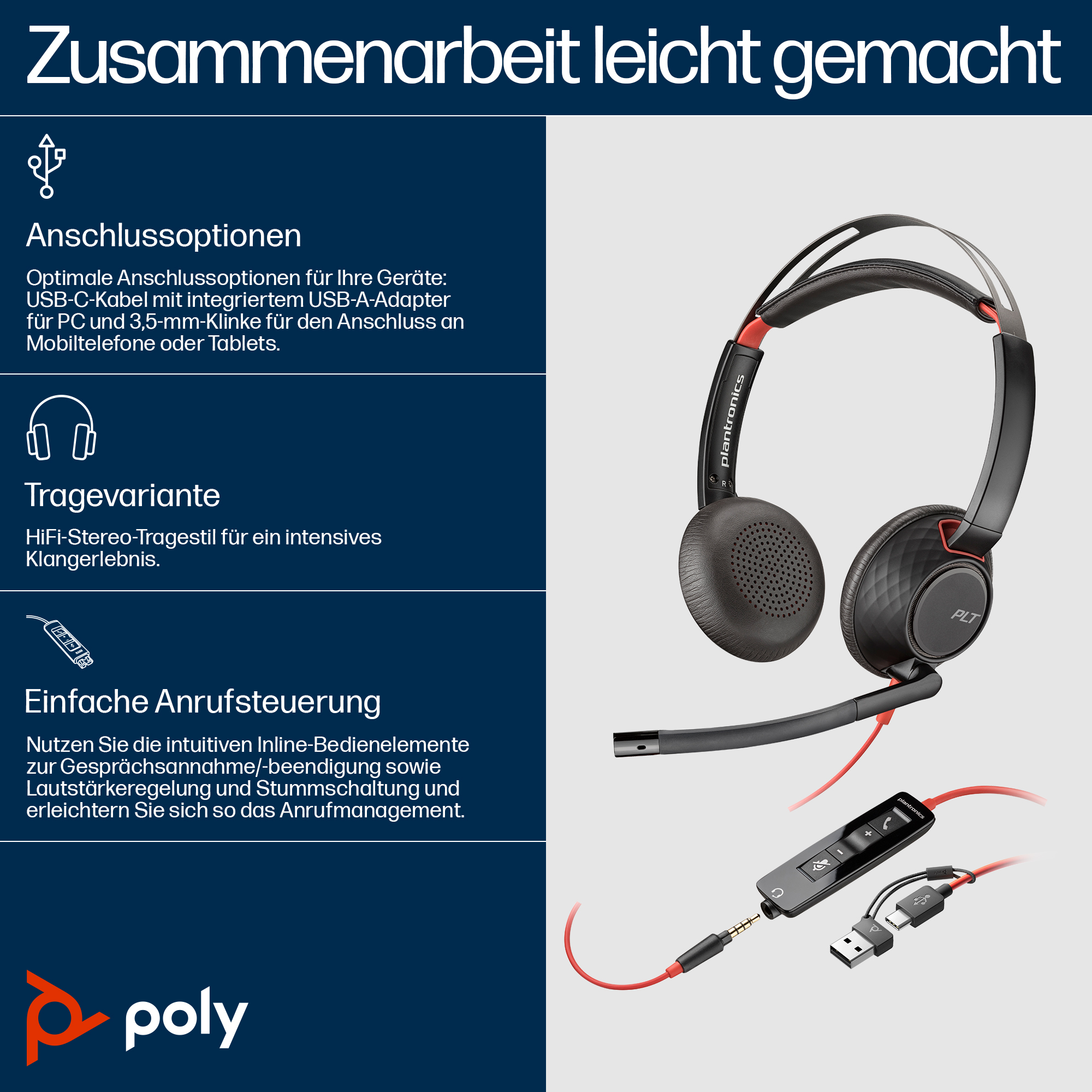HP Poly Blackwire 5220 USB-C Stereo-Headset + 3.5-mm-Stecker + USB-C/A-Adapter