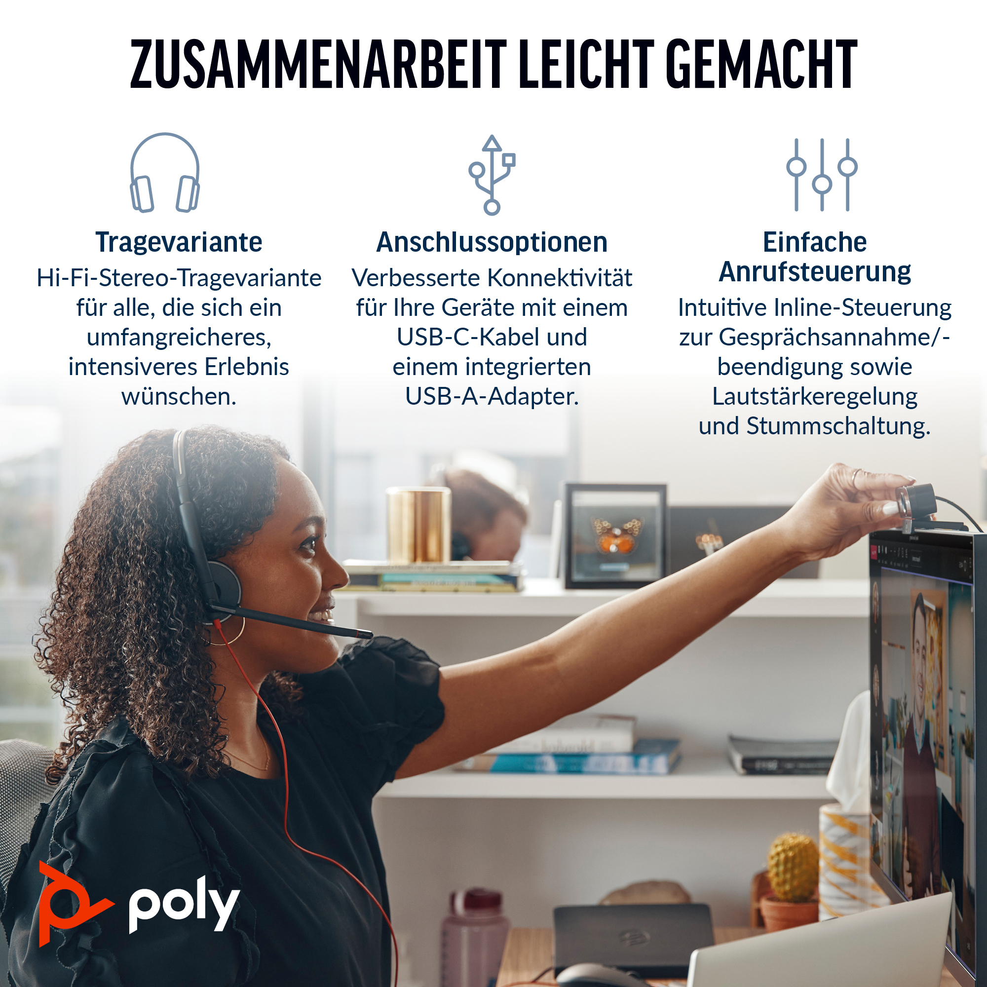 HP Poly Blackwire 3220 Stereo USB-C Headset schwarz +USB-C/A Adapter (Packungseinheit)
